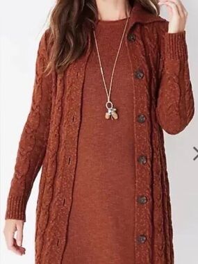 J. Jill Rust Brown Cable-Knit Button-Front Women's Sweater Coat and Dress